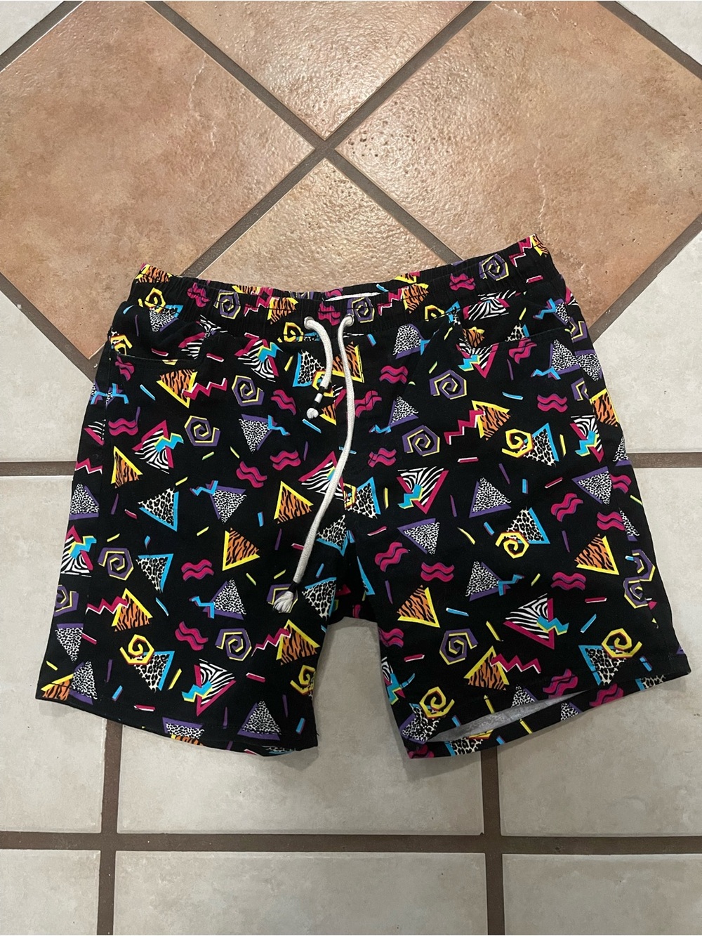 Vintage Men's Black Geometric Print Swim Shorts - Multi Color